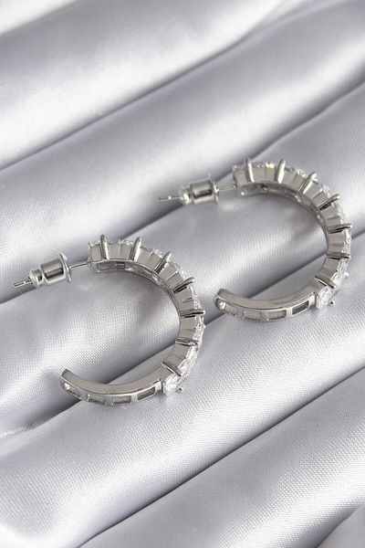 Toptan Bulurum Brass Silver Color Zircon Stone Hoop Model Women's Earrings