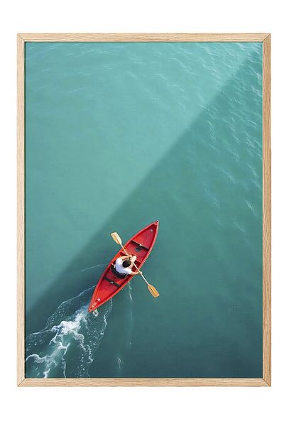 Postifull Wooden Framed Painting, Red Boat, Photo, Blue Color Poster, 2025 Summer Selection, No:109720