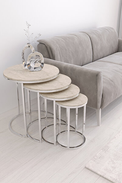 Puklife Ceylin 4lü Zigon Sehpa Seti Gümüş Metal Ayak, Traverten Mdf