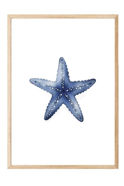 Postifull Wooden Framed Poster Painting, Blue Starfish, Illustration, Blue Color Poster, 2025 Summer Selection,