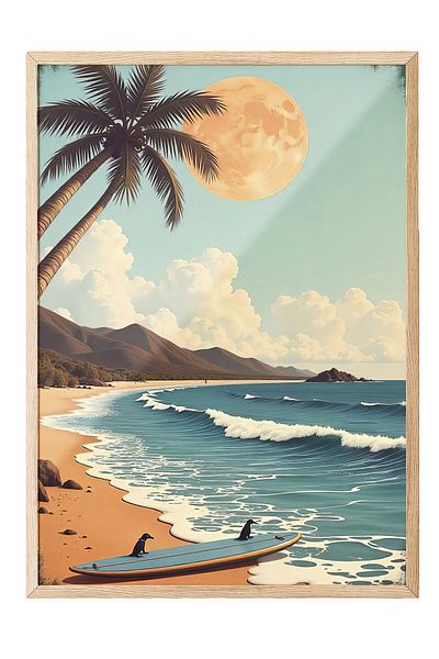 Postifull Wooden Framed Painting, Seagulls on Surfboard, Illustration, Maximalist, Blue Color Poster, 2025 Ya
