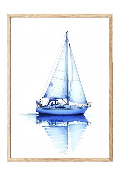 Postifull Wooden Framed Poster, Sailboat, Oil Painting, Blue Color Poster, 2025 Summer Selection, No:109663