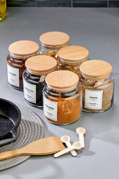 MODA OZY 500 ml 6 Jars with Wooden Lid and Label and 6 Mini Spice Spoons 12 Piece Spice Set