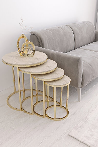 Puklife Ceylin 4lü Zigon Sehpa Gold Renk Metal Ayak, Traverten Mdf