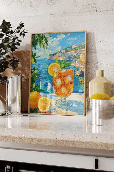 Postifull Wooden Framed Painting, Glass, Lemon, Sea, Impressionist, Acrylic Painting, Blue, Yellow Color Poster, 2025