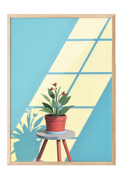 Postifull Wooden Framed Painting, Sun Reflection and Flower, Illustration, Blue Color Poster, 2025 Summer Selection, N