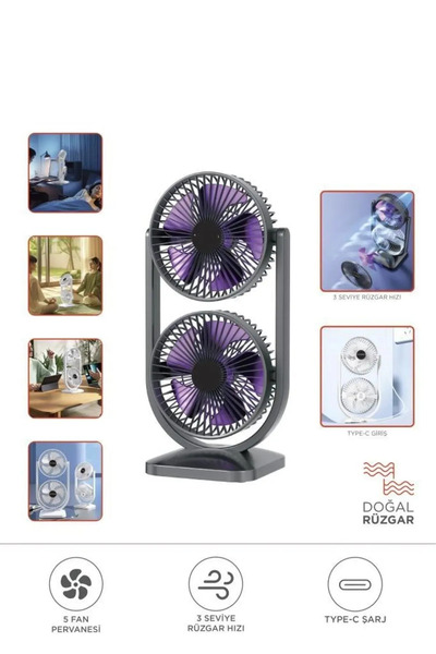 Everest Grup Siyah Mini Fan | Taşınabilir Çift Başlıklı Sessiz Vantilatör | Type-C Girişli, 3 Kademeli