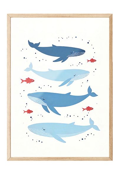 Postifull Wooden Framed Poster, Whale, Illustration, Blue Color Poster, Summer Selection 2025, No:109622
