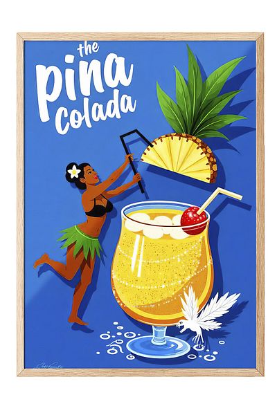 Postifull Wooden Framed Painting, Pina Colada, Illustration, Maximalist, Navy Blue Color Poster, 2025 Summer Selection