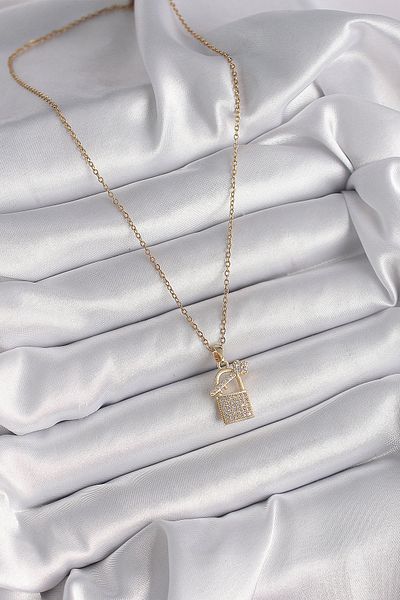 Toptan Bulurum 316L Steel Gold Color Chain Zircon Stone Padlock Key Model Women's Necklace