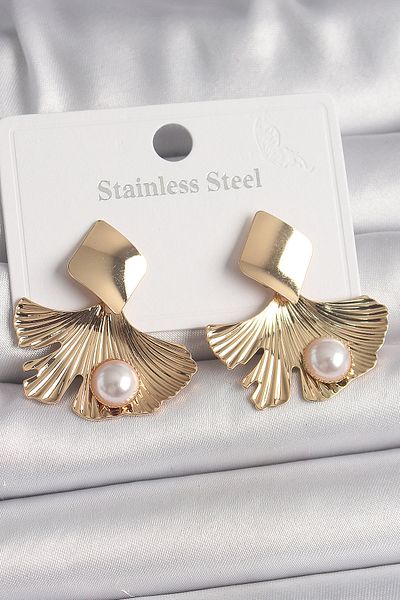 NEZADE STORE Brass Gold Color Dangle Pearl Detailed Leaf Model Women's Earrings