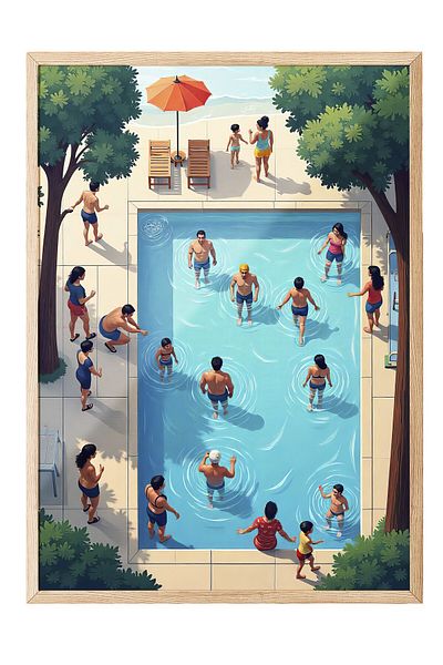 Postifull Wooden Framed Painting, Crowd in the Pool, Illustration, Maximalist, Blue Color Poster, 2025 Summer Flake