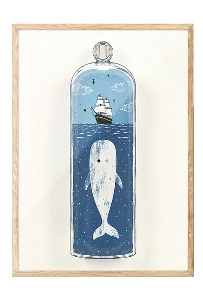 Postifull Wooden Framed Poster Painting, White Whale, Illustration, Blue Color Poster, 2025 Summer Selection, No:109