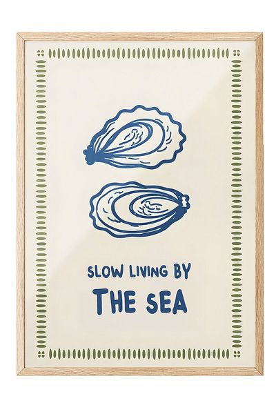 Postifull Wooden Framed Poster, Slow Life by the Sea, Illustration, Blue Color Poster, Summer of 2025