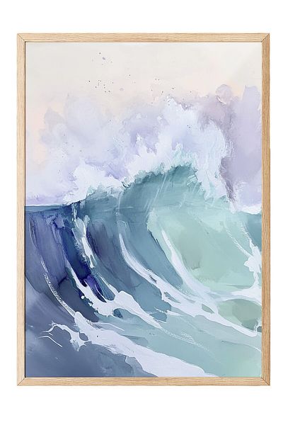 Postifull Wooden Framed Painting, Wave, Ocean, Watercolor, Impressionist, Blue, Pastel Tones Color Poster, 2025