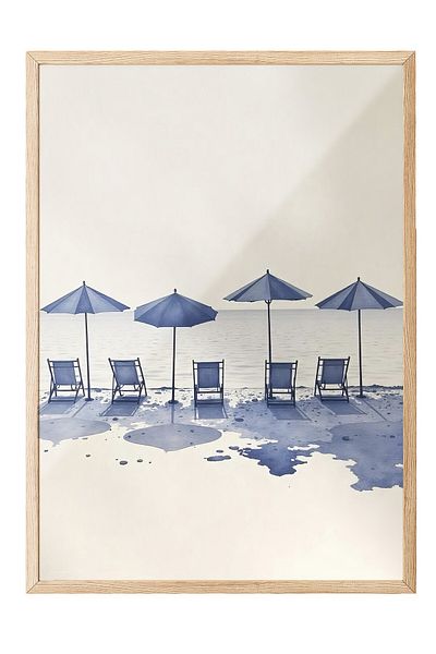 Postifull Wooden Framed Painting, Beach Chairs, Illustration, Blue Color Poster, 2025 Summer Selection, No:10975