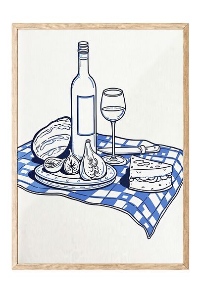 Postifull Wooden Framed Poster, Wine at Picnic, Illustration, Blue Color Poster, Summer Selection of 2025, No:109659
