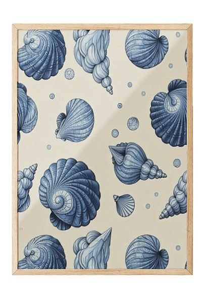 Postifull Wooden Framed Poster, Seashells, Illustration, Blue Color Poster, Summer Selection 2025, No:109692