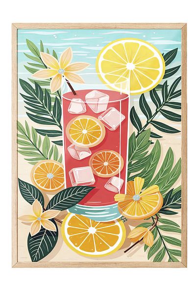 Postifull Wooden Framed Painting, Fresh Lemonade, Illustration, Maximalist, Red Color Poster, 2025 Summer Secky