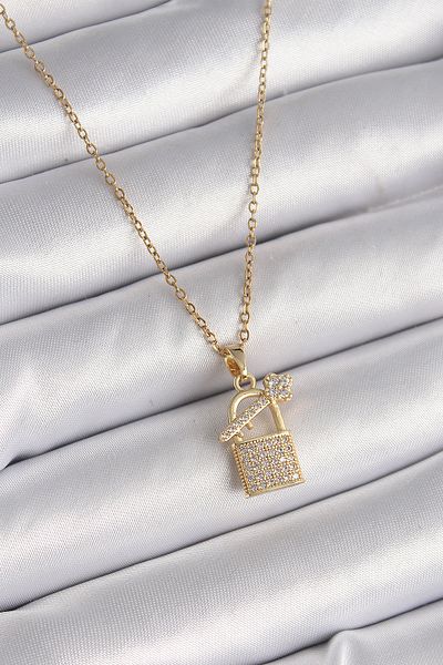 Toptan Bulurum 316L Steel Gold Color Chain Zircon Stone Padlock Key Model Women's Necklace