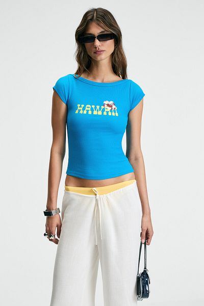 GRIMELANGE Zephy women's boat neck short sleeve front print detailed slim blue t-shirt