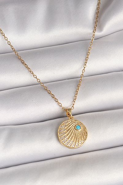 Toptan Bulurum 316L Steel Gold Color Chain Zircon Stone Embroidered Blue Stone Detailed Medallion Model Women's Necklace
