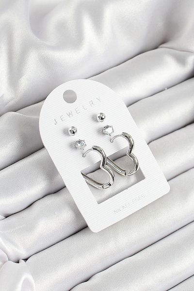 Toptan Bulurum Silver Color 3-Piece Double Women's Earring Set with Brass Zircon Stone and Heart Figure