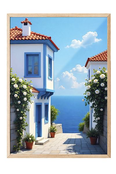 Postifull Wooden Framed Painting, House with Sea View, Photo, Blue Color Poster, 2025 Summer Selection, No:109705