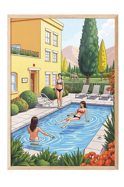 Postifull Wooden Framed Painting, Pool Party, Illustration, Maximalist, Blue Color Poster, 2025 Summer Selection,