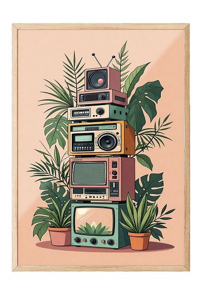 Postifull Wooden Framed Painting, Radios, Illustration, Maximalist, Green Color Poster, 2025 Summer Selection, No:1