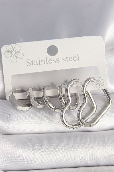 Toptan Bulurum 316L Steel Silver Color Ring Heart Model Women Earrings Set