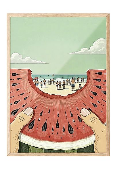 Postifull Wooden Framed Painting, Watermelon Slice, Illustration, Maximalist, Red Color Poster, 2025 Summer Selection