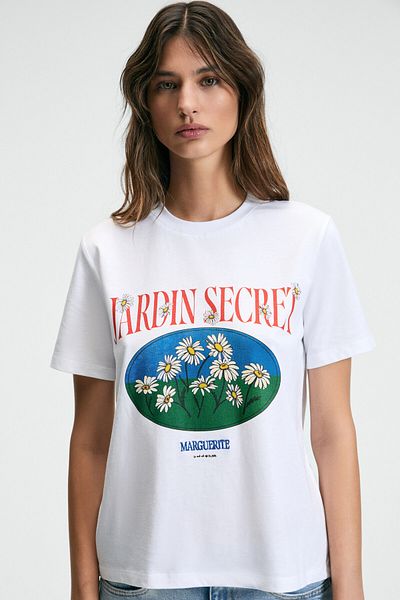 GRIMELANGE Kariva Women's Crew Neck Short Sleeve Front Print Detail Regular Fit White T-Shirt