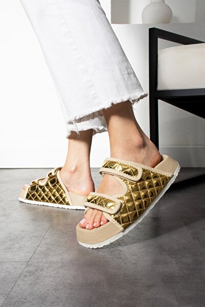 Sivarro Quilted Gold Velcro Shiny Women's Slippers – Orthopedic, Stylish, Non-Slip Sole