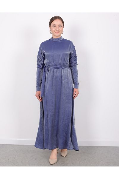 Linvey Kado Stylish Shiny Fabric Sleeve Stoned Stand Collar Cuffed Belted Elastic Summer Evening Dress