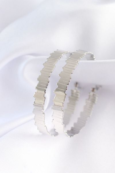 Toptan Bulurum Brass Silver Color Serrated Hoop Earrings