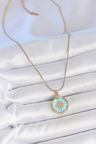 NEZADE STORE 316L Steel Gold Color Chain Blue Enameled Zircon Stone North Star Engraved Medallion Model Women's Necklace