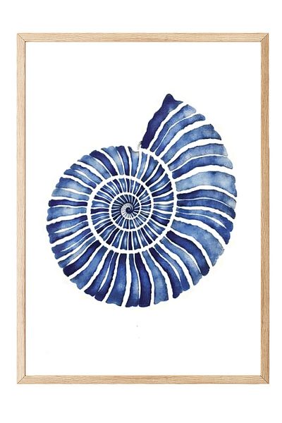 Postifull Wooden Framed Painting, Blue Seashell, Illustration, Blue Color Poster, 2025 Summer Selection, No:10972