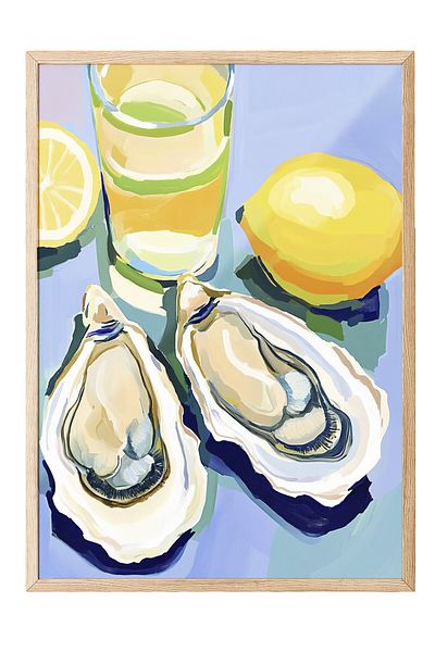 Postifull Wooden Framed Painting, Glass, Oyster, Lemon, Acrylic Painting, Contemporary, Blue, Yellow Color Poster, 2025 Ya
