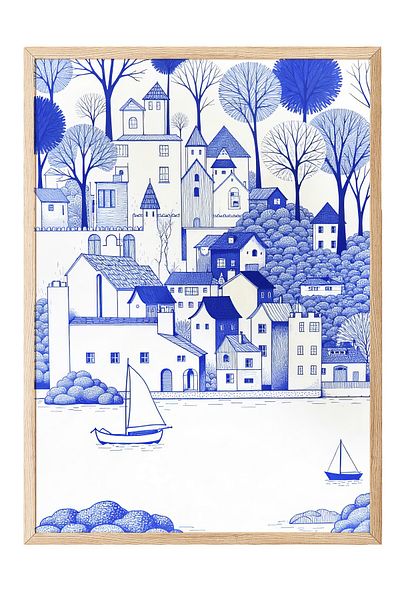 Postifull Wooden Framed Painting, Sea and House Landscape, Illustration, Blue Color Poster, 2025 Summer Selection, No:1