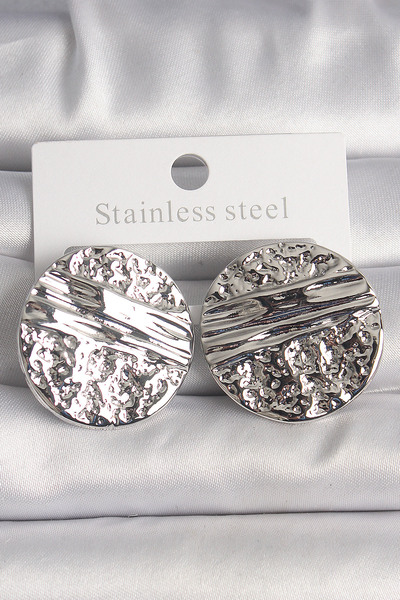 Toptan Bulurum Brass Silver Color Embroidered Circle Plate Model Women's Earrings