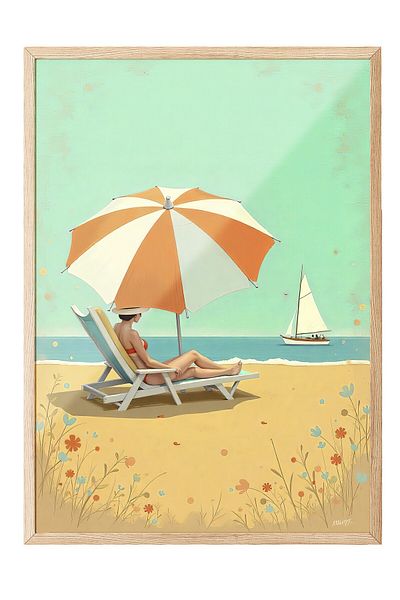 Postifull Wooden Framed Poster, Woman by the Sea, Illustration, Blue Color Poster, 2025 Summer Selection, No: