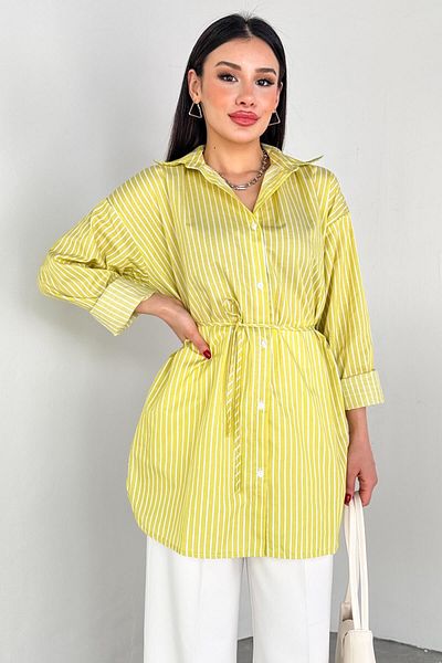 Cappmoda Elb-01808 Oil Green Striped Belt Detailed Shirt Dress