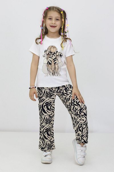 RAPİDO LİFE Girls' Double Suit Short Sleeve Printed Ribbon Detail T-Shirt with Elastic Waist Patterned Pants