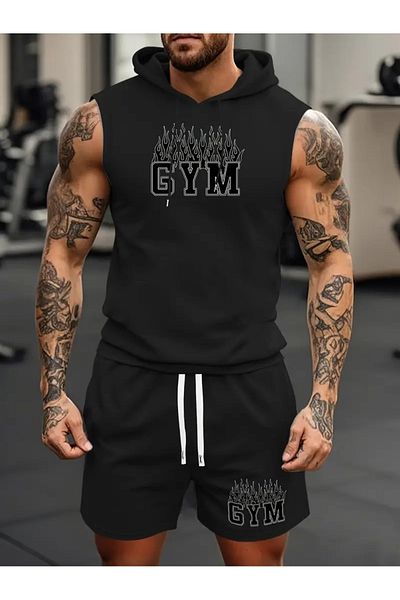 ACTIVE MODA -Men's Gym Sports Singlet-Shorts 2-Piece Set Cotton Printed