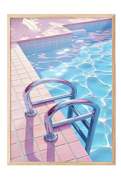 Postifull Wooden Framed Painting, Bright Pool, Illustration, Maximalist, Blue Color Poster, 2025 Summer Selection, N