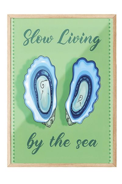 Postifull Wooden Framed Poster, Slow Life by the Sea, Illustration, Blue Color Poster, Summer of 2025