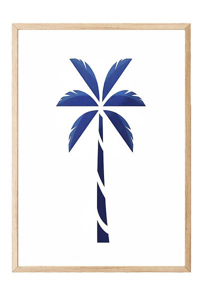 Postifull Wooden Framed Poster, Palm Tree, Illustration, Blue Color Poster, 2025 Summer Selection, No:109577