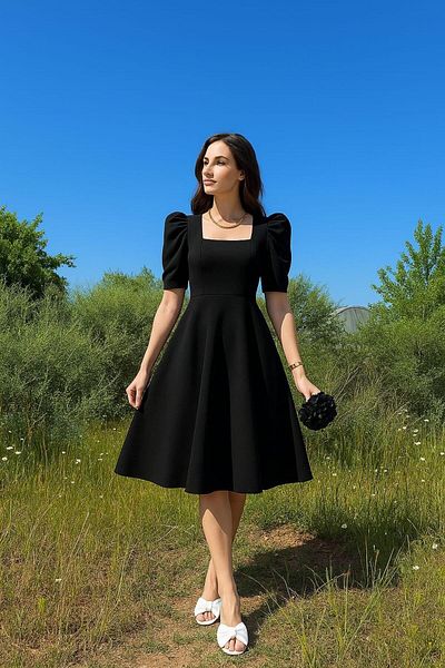 Modafeminen Κοντομάνικο Midi Φόρεμα με τετράγωνο γιακά 583231 Μαύρο