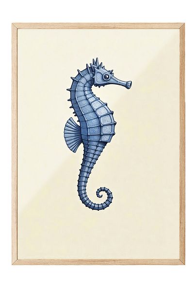 Postifull Wooden Framed Poster, Seahorse, Illustration, Blue Color Poster, 2025 Summer Selection, No:109578